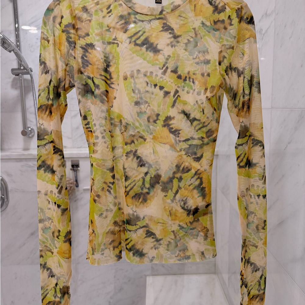 AFRM Long Sleeve Sheer Printed Top in Yellow and Green
